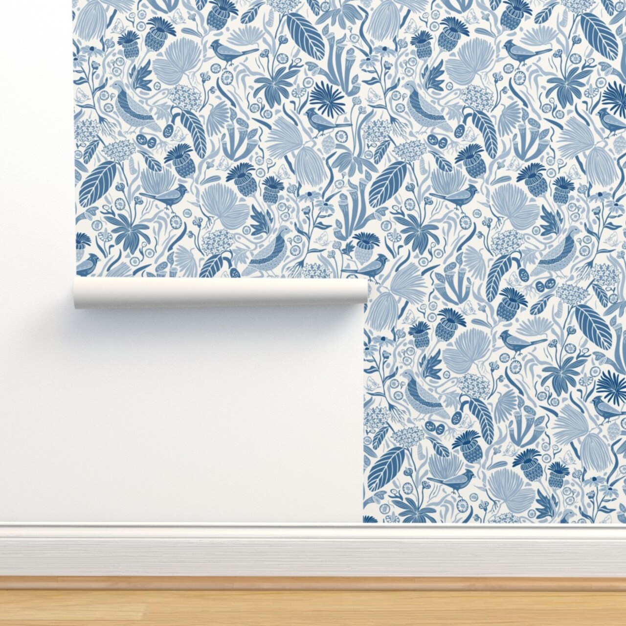 Blue Nature Birds Plant Cardinal Botanical Meadow Chintz Quail Southern Medium Scale Custom Pre-pasted Wallpaper by Spoonflower Pre-Pasted Wallpaper 2FT Wide
